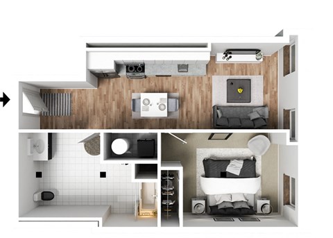Floor plan for 1 bed, 1 bath, 580 sqft